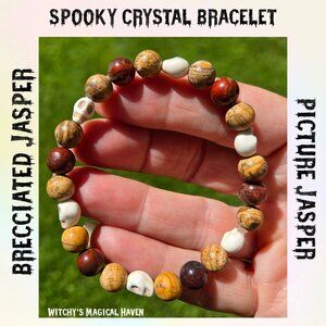 Brecciated and Picture Jasper Skull Spook Gemstone Beaded Bracelet